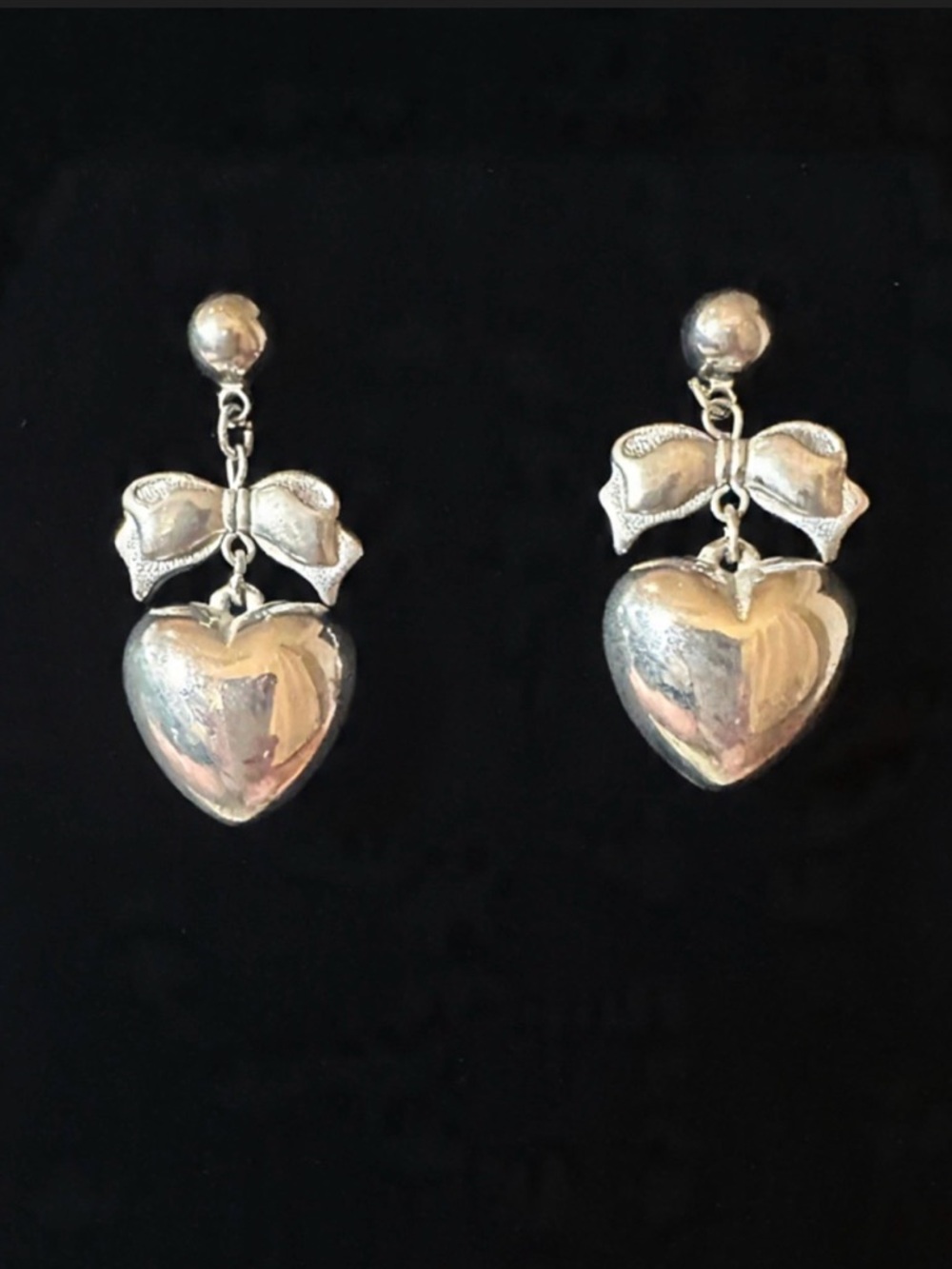 Vintage Silver Bow And Heart Dangle Drop Puffy Earrings